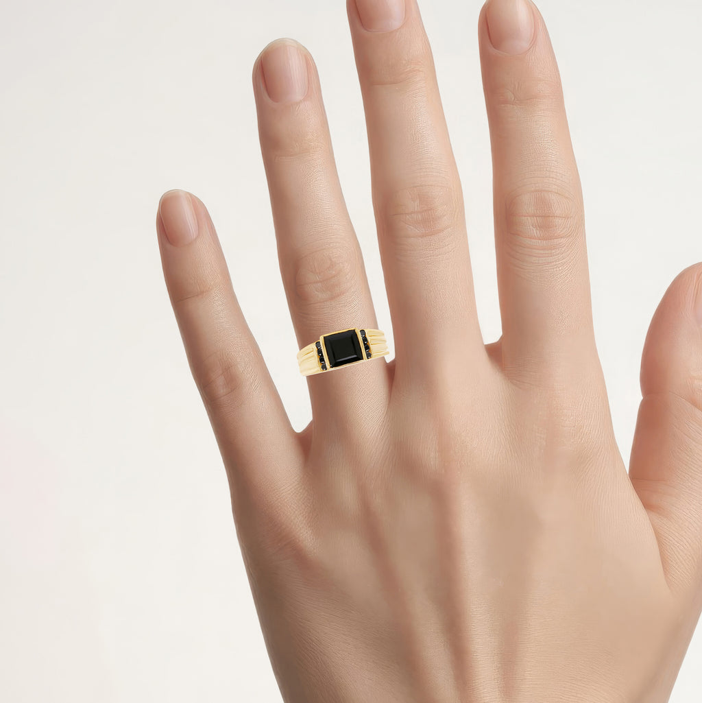 Black Onyx Ring With Black Diamonds 2.12 Carats Gold Plated Silver