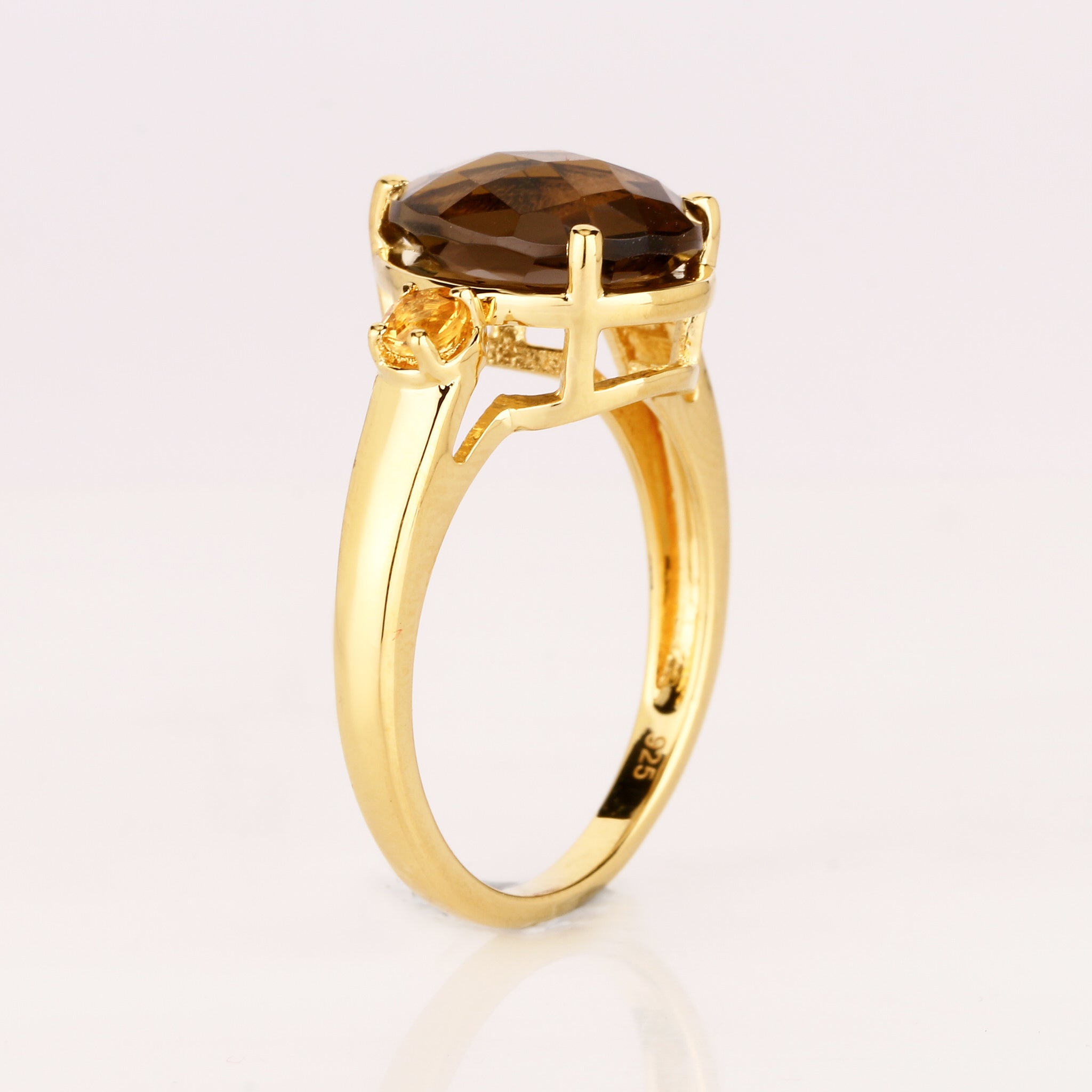 Smoky Quartz Ring With Citrine 3.60 Carats Gold Plated Silver