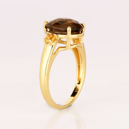 Smoky Quartz Ring With Citrine 3.60 Carats Gold Plated Silver