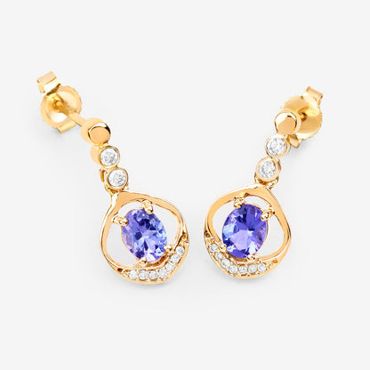 Natural Tanzanite Earrings With Diamonds 0.72 Carats 14K Yellow Gold