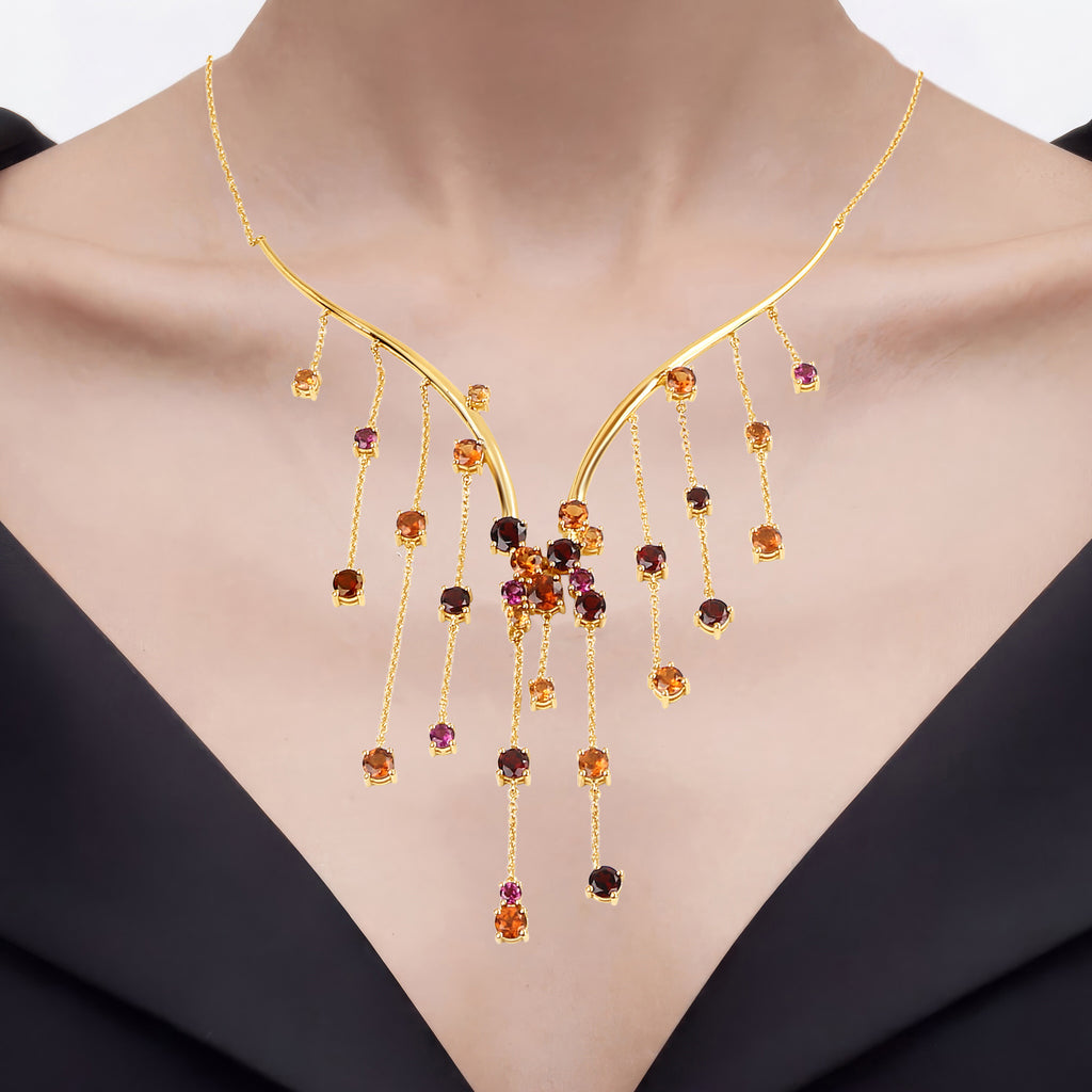 Hessonite Necklace With Garnet 15.8 Carats Gold Plated Silver