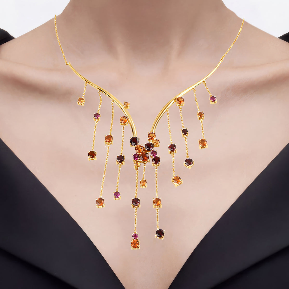 Hessonite Necklace With Garnet 15.8 Carats Gold Plated Silver