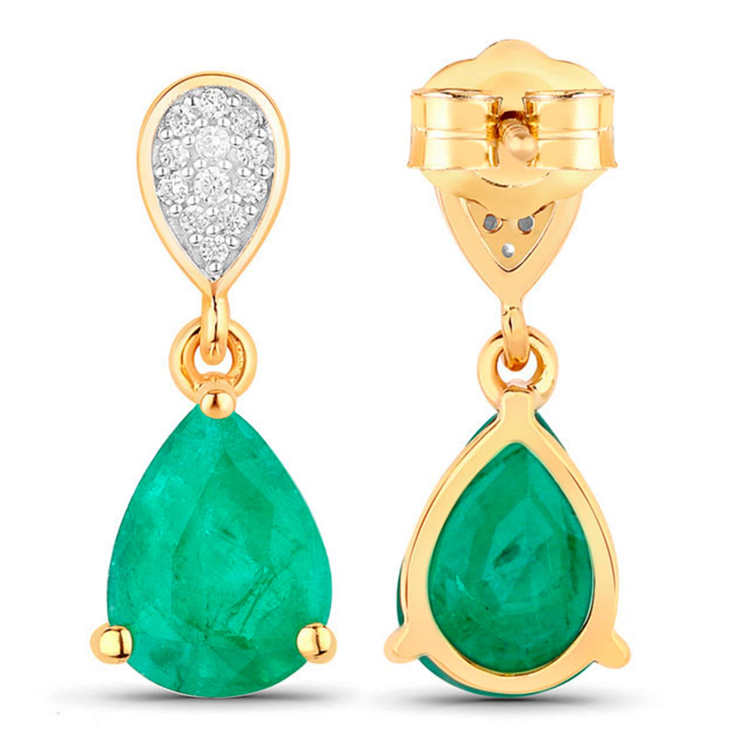 Zambian Emerald Teardrop Earrings Diamonds 2.2 Carats 14K Yellow Gold