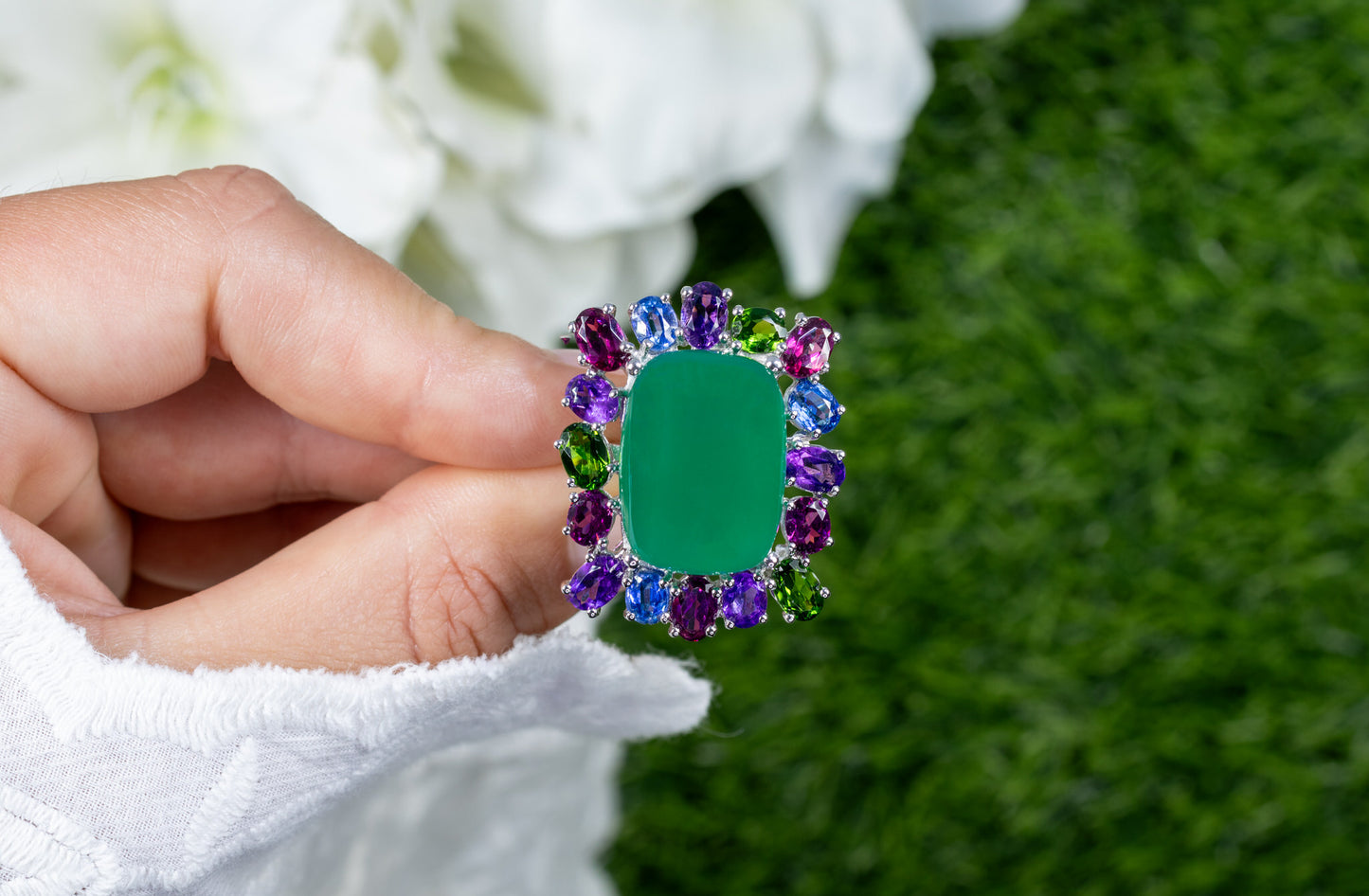 Green Chalcedony Ring Amethyst Rhodolite Chrome Diopside Kyanite 26 Carats