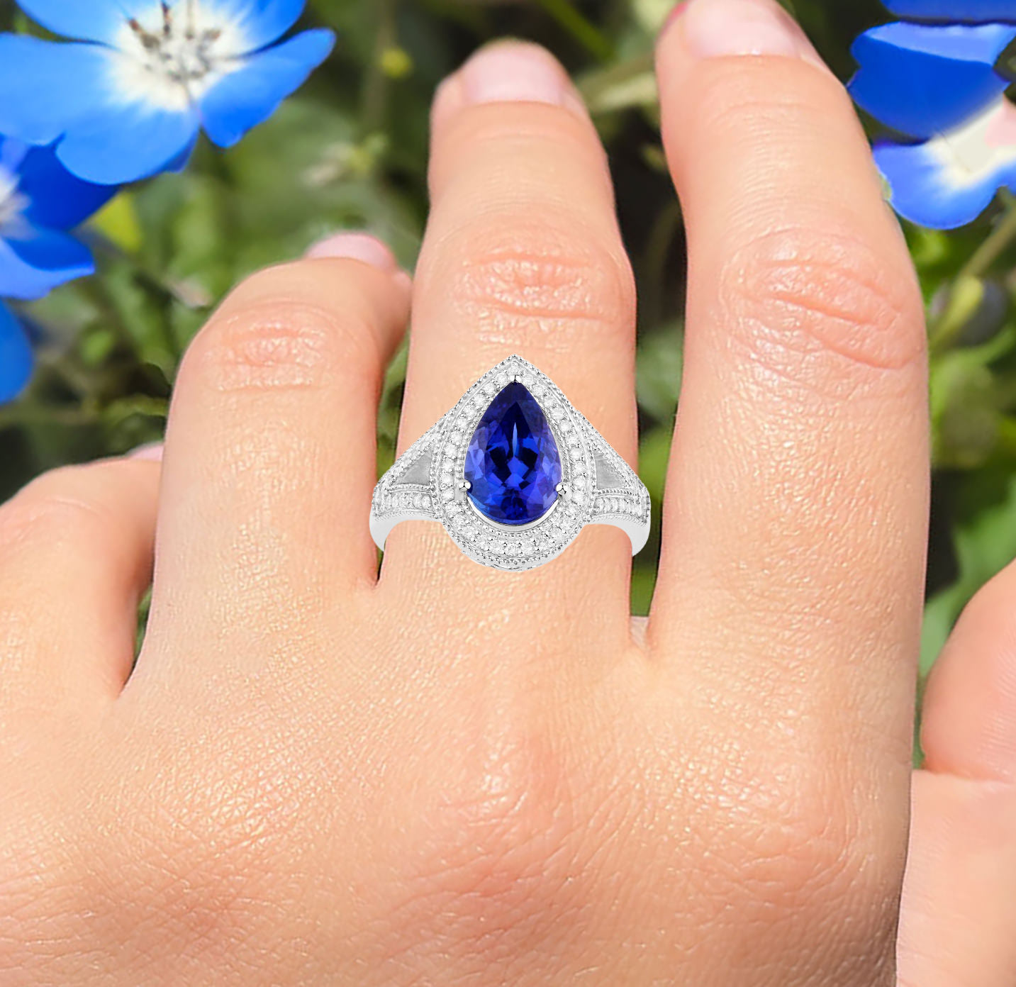 Natural Tanzanite Ring With Diamonds 2.58 Carats 14K White Gold