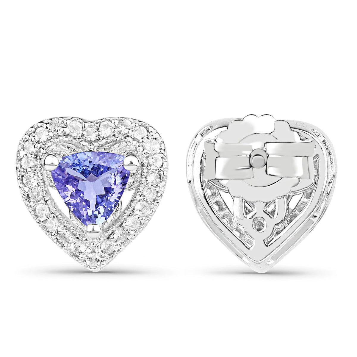 Tanzanite Heart Stud Earrings With White Topaz 1.14 Carats Sterling Silver