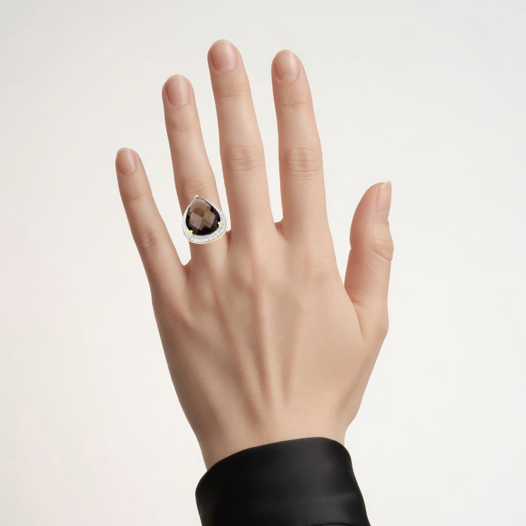 Smoky Quartz Ring With White Topaz 14.2 Carats Gold Plated Silver
