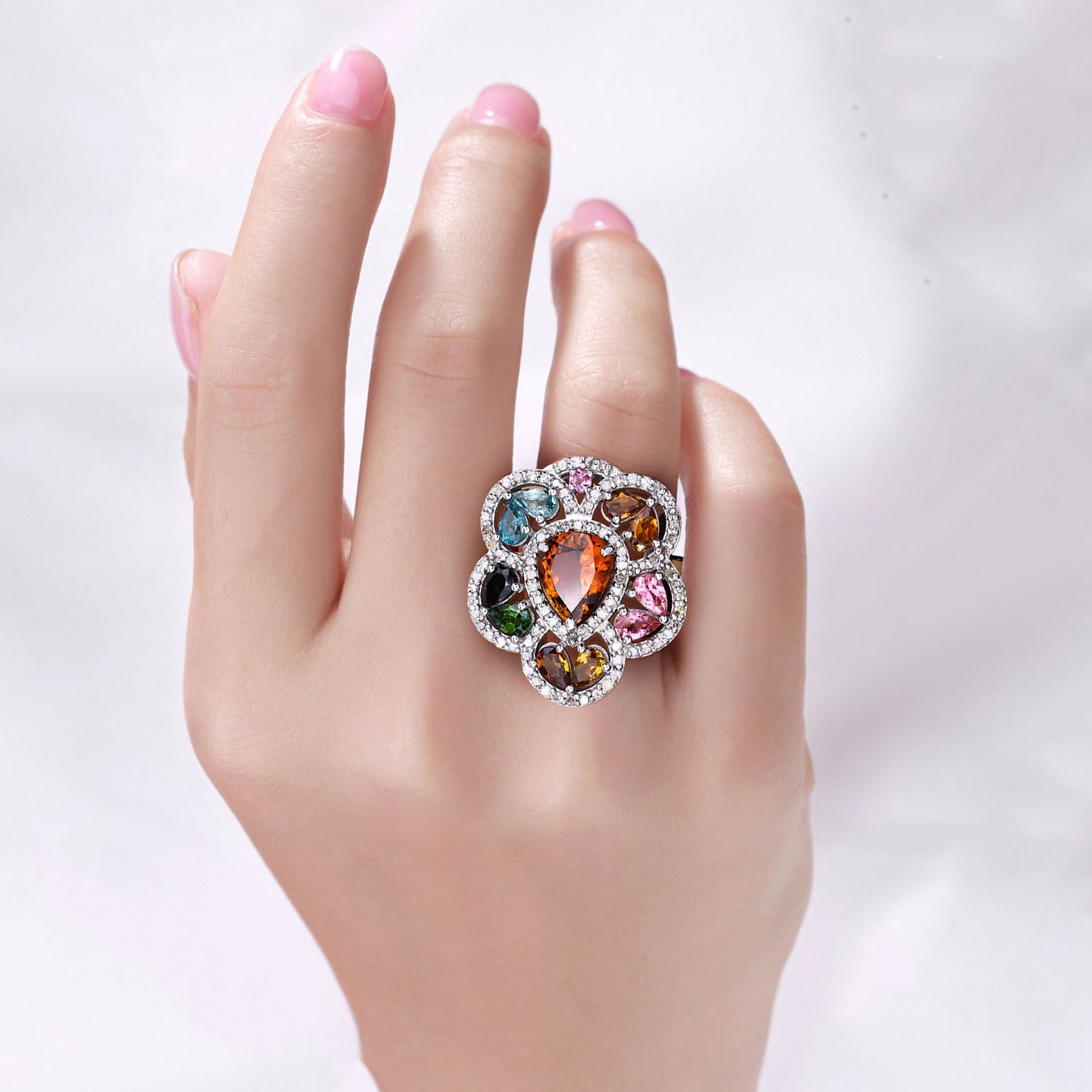 Multicolor Tourmaline Ring With Diamonds 5.02 Carats Sterling Silver