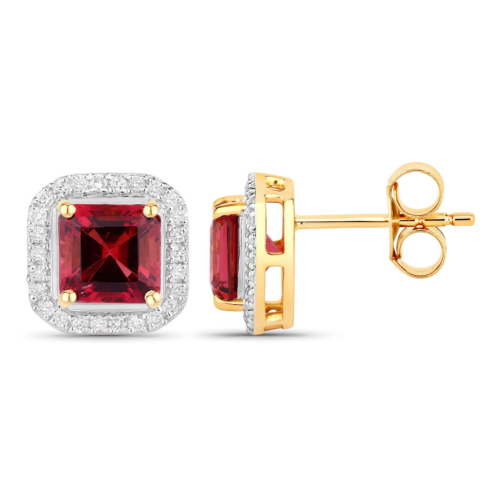 Rubellite Stud Earrings With Diamonds 2.68 Carats 14K Yellow Gold