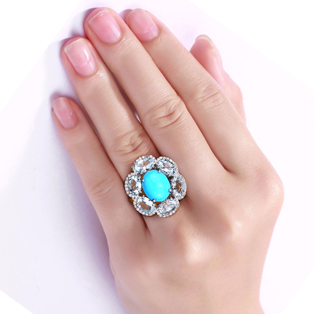 Turquoise Ring With Aquamarine 6.32 Carats Sterling Silver