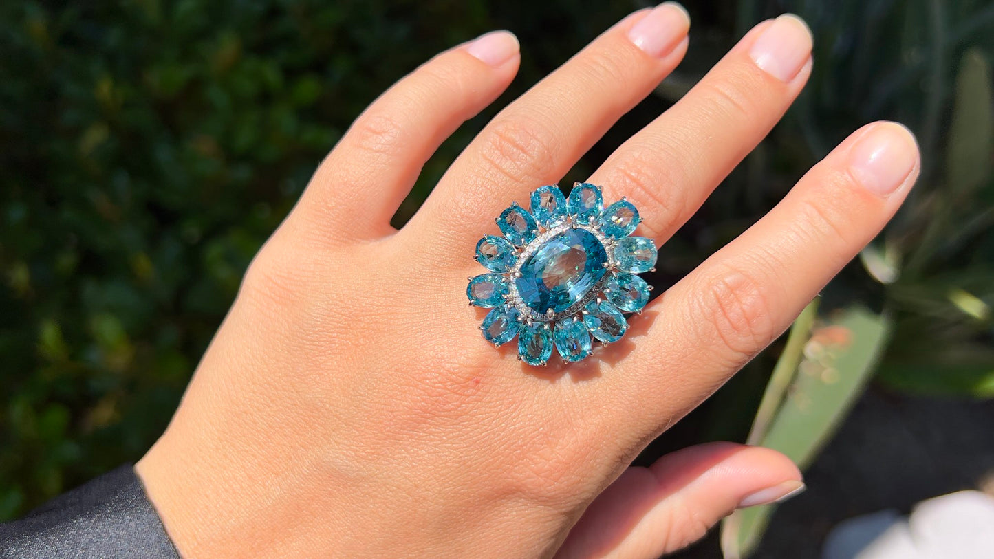 Blue Zircon Cocktail Ring Diamond Halo 30 Carats 14K Gold