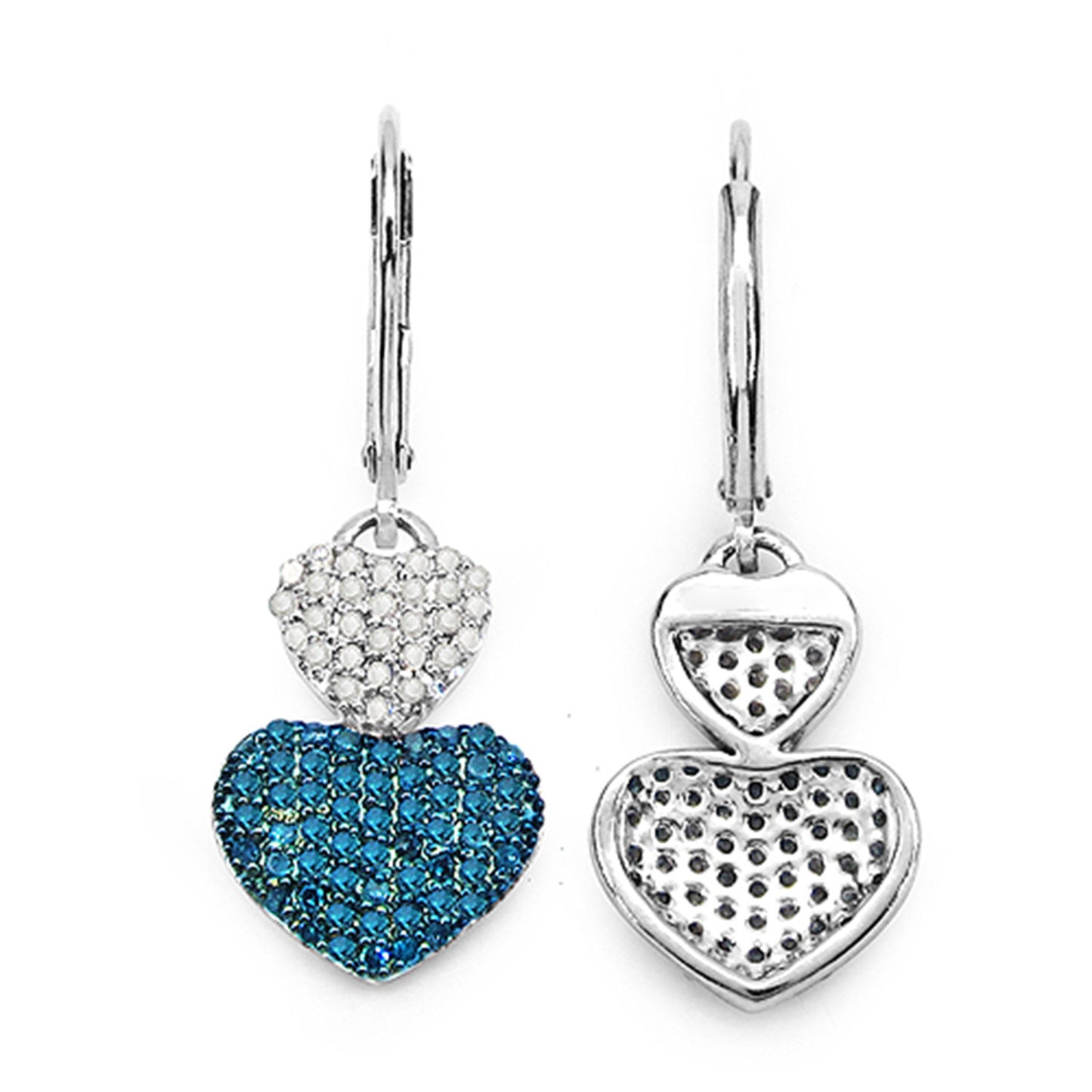 Blue and White Diamond Heart Earrings 0.82 Carats Sterling Silver
