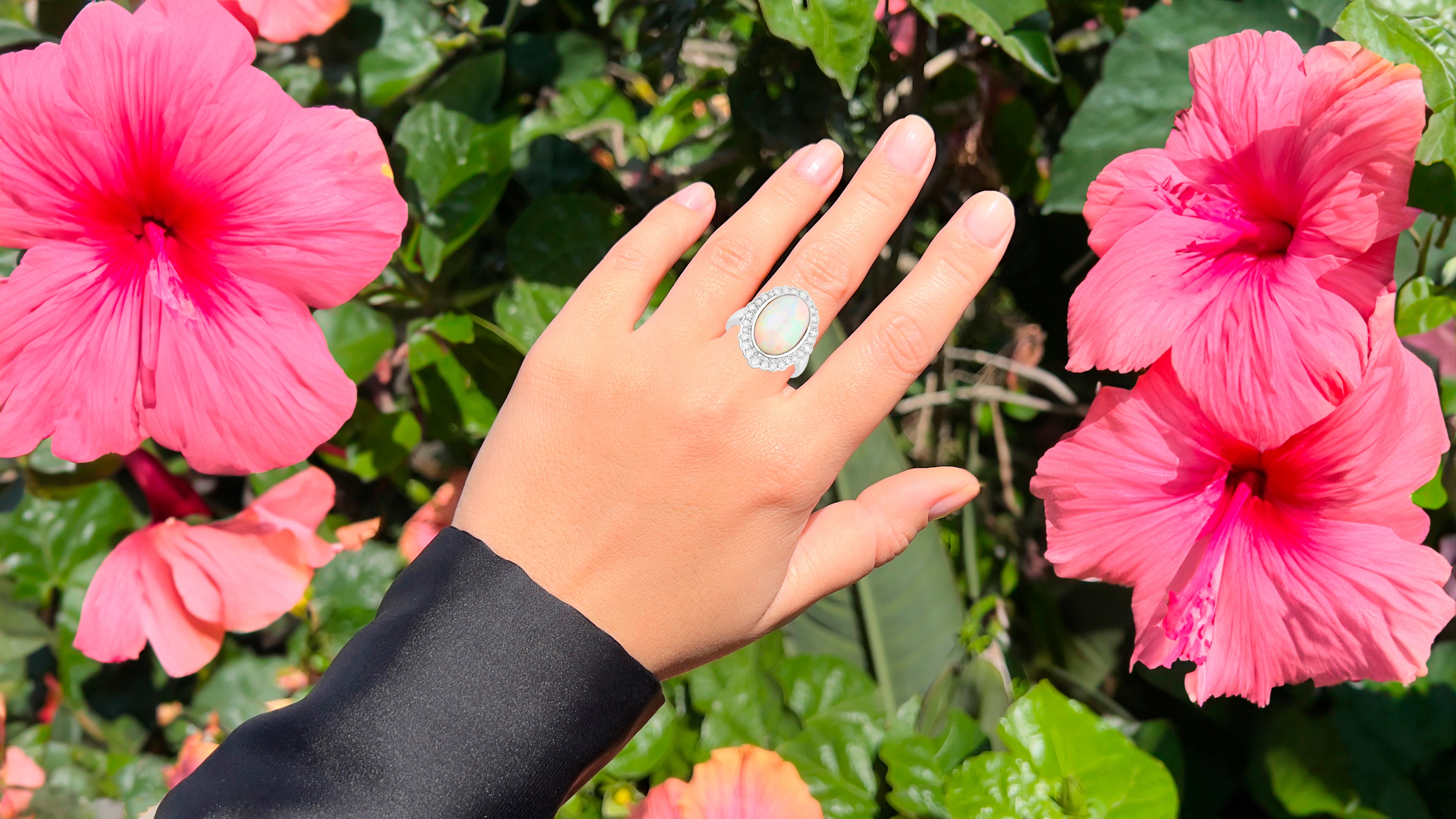 Ethiopian Opal Ring With Diamonds 6.38 Carats 14K White Gold