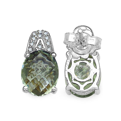 Green Amethyst Earrings With Diamonds 5.42 Carats Sterling Silver