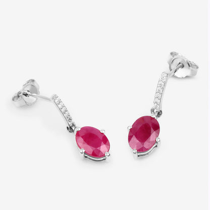 Ruby Dangle Earrings Diamonds 1.74 Carats 10K White Gold