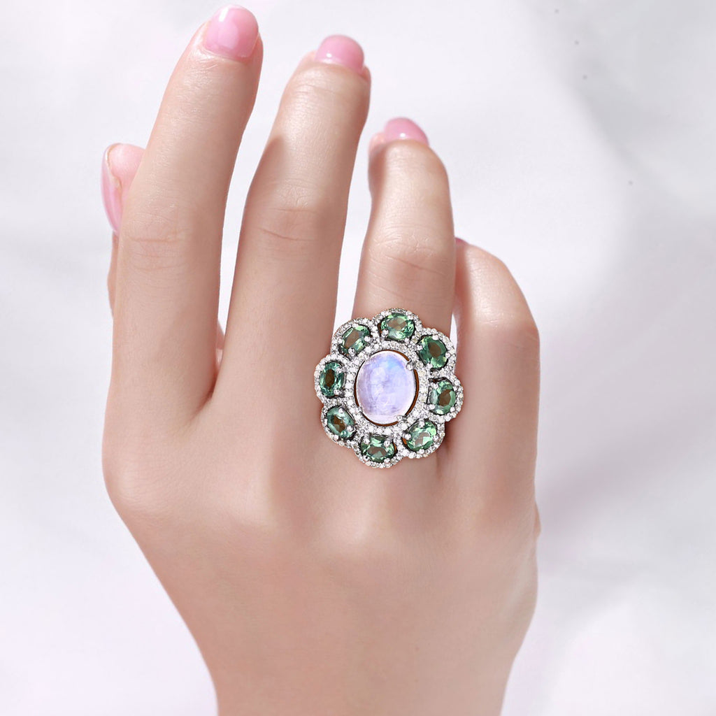 Moonstone Ring With Green Amethyst 8.58 Carats Sterling Silver