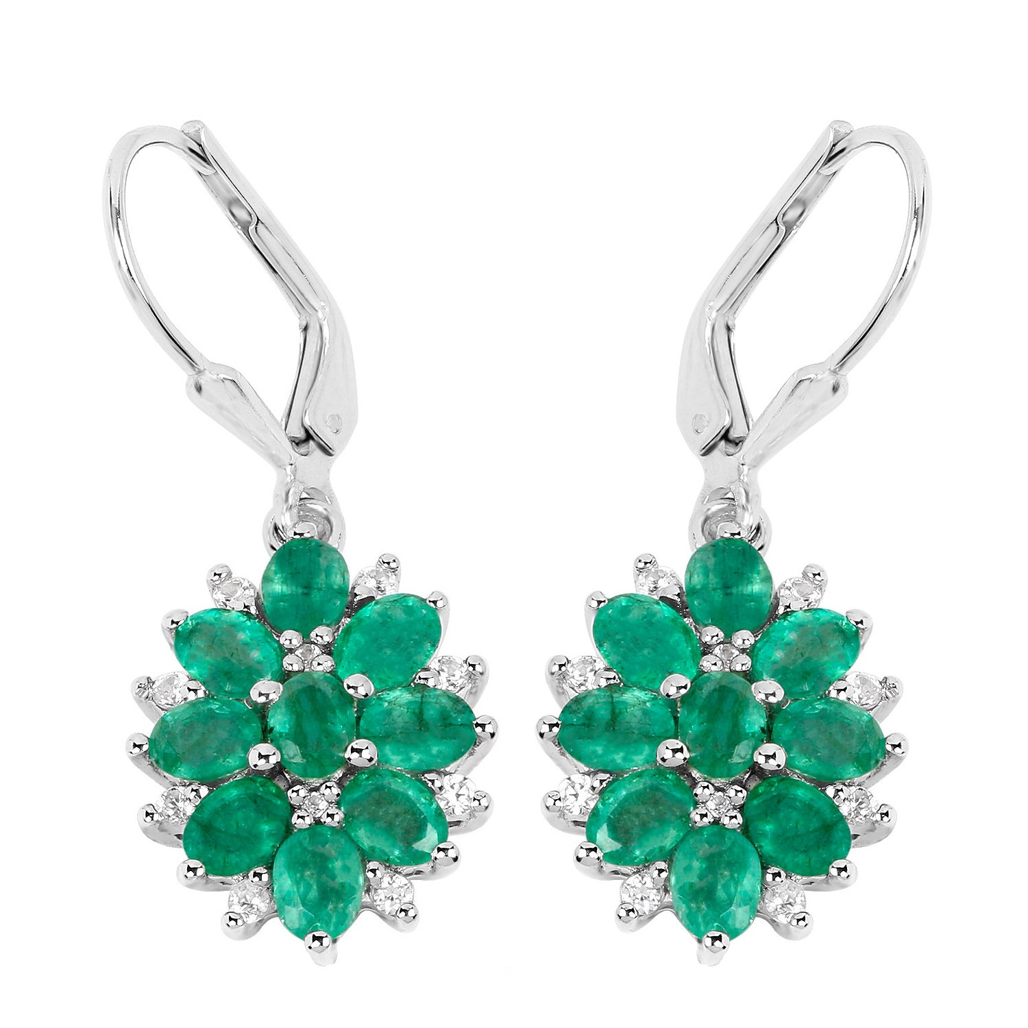 Natural Emerald Earrings With White Zircon 3 Carats Sterling Silver
