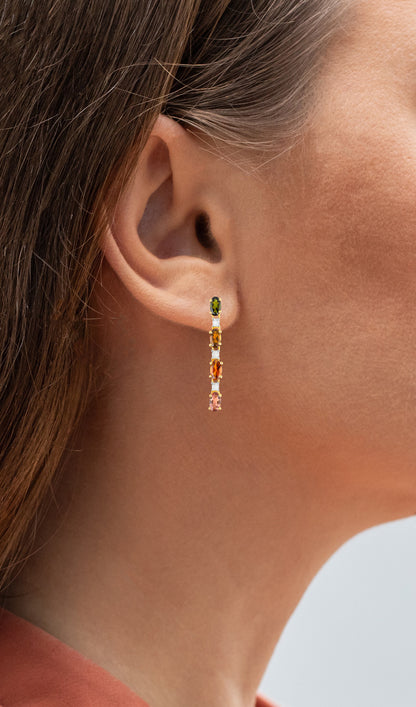 Multicolored Tourmaline Dangle Earrings White Topaz 1.95 Carats 18K Gold Plated