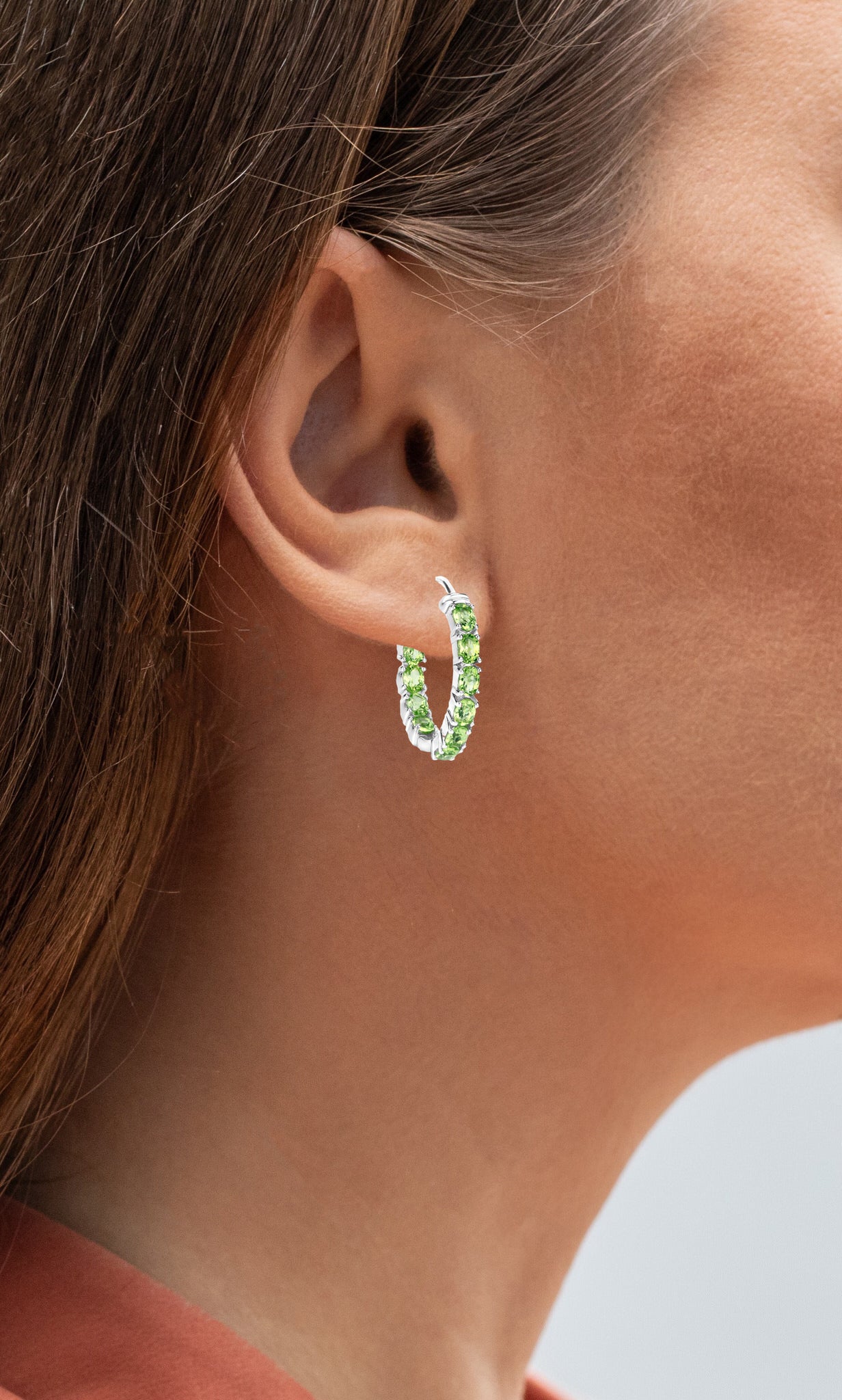 Natural Peridot Hoop Earrings 3.4 Carats Rhodium Plated Silver