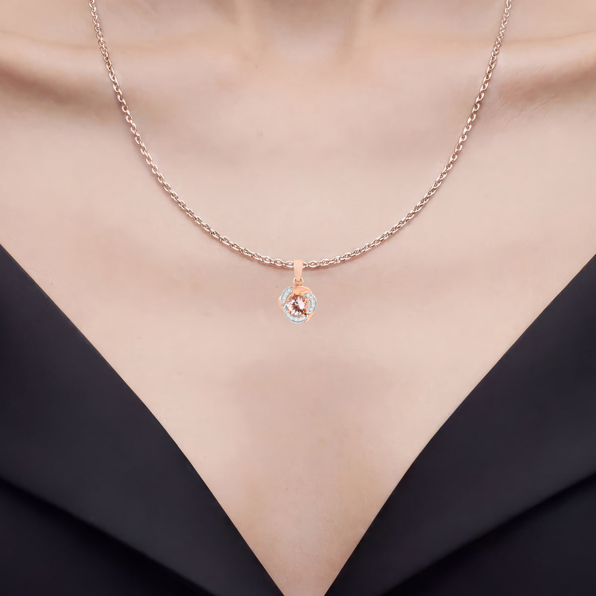 Morganite Flower Pendant With Diamonds 0.74 Carats 14K Rose Gold