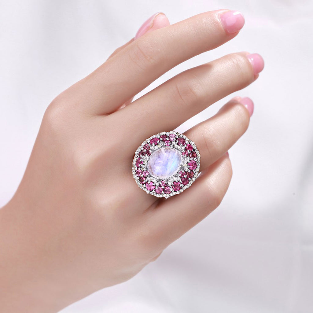 Moonstone Ring With Pink Tourmaline 7.72 Carats Sterling Silver