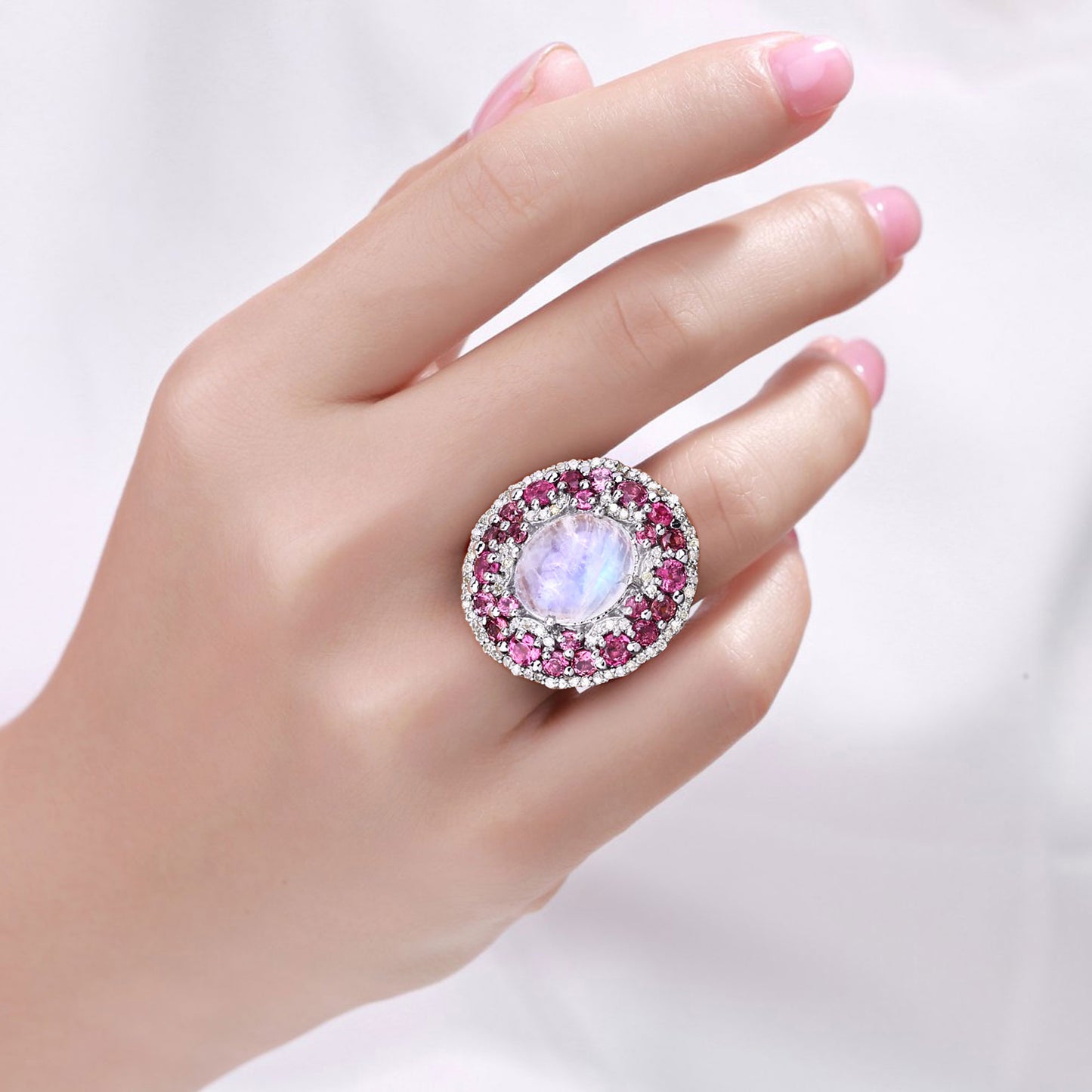 Moonstone Ring With Pink Tourmaline 7.72 Carats Sterling Silver