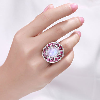 Moonstone Ring With Pink Tourmaline 7.72 Carats Sterling Silver