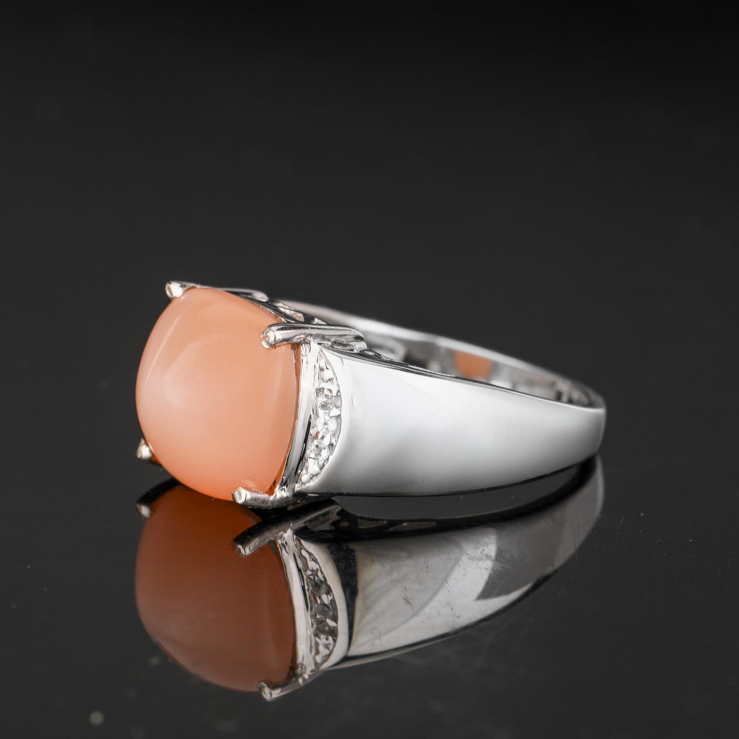 Peach Moonstone Ring With White Topaz 6.47 Carats Sterling Silver