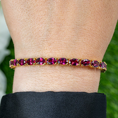Natural Rhodolite Garnet Tennis Bracelet 15 Carats 24K Yellow Gold Plated Silver