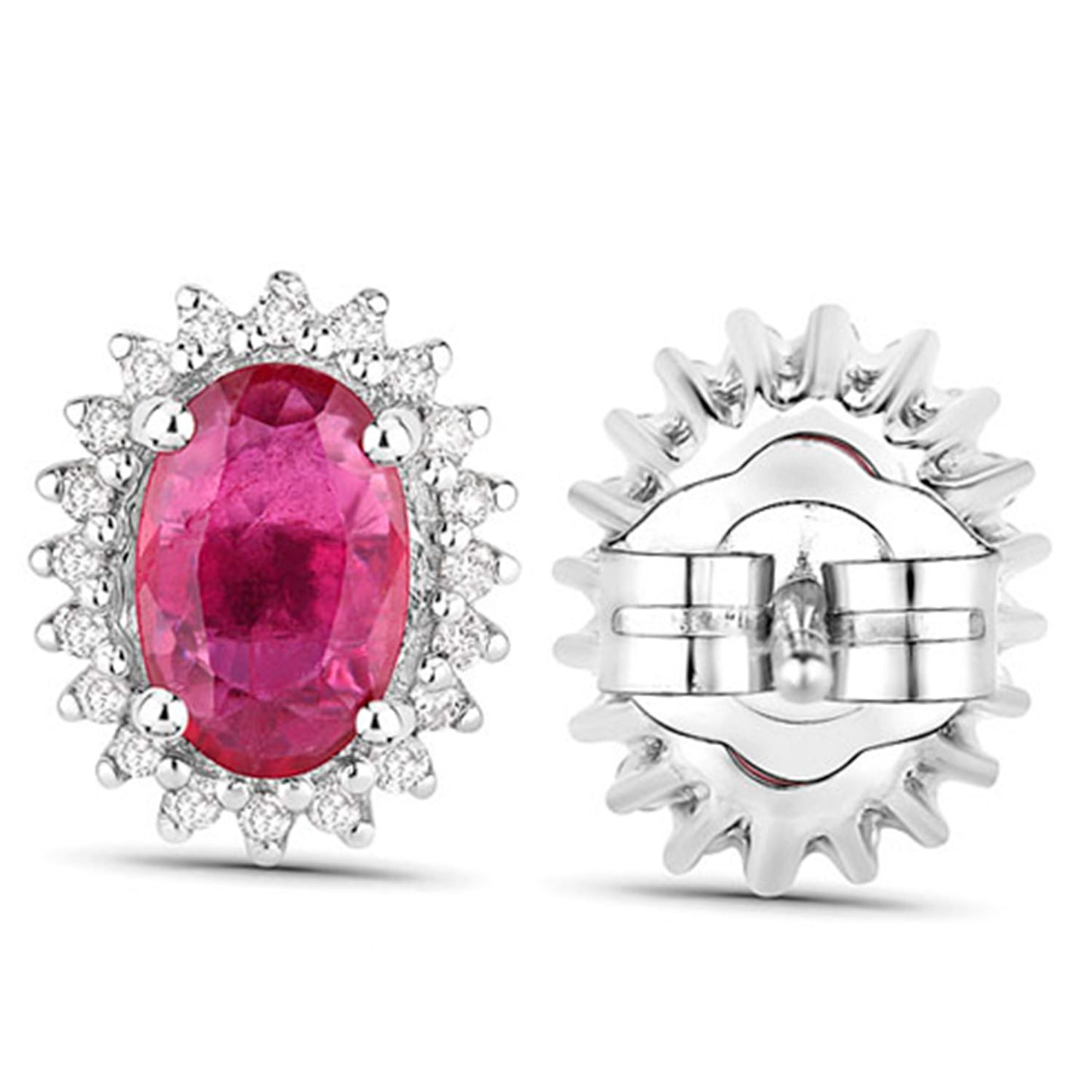 Ruby Halo Stud Earrings Diamonds 1.1 Carats 14K White Gold