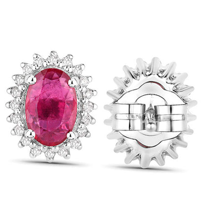 Ruby Halo Stud Earrings Diamonds 1.1 Carats 14K White Gold