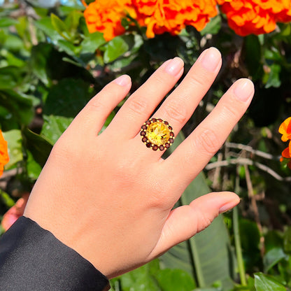 Citrine Ring with Garnets 7.26 Carats 18K Yellow Gold Plated Silver