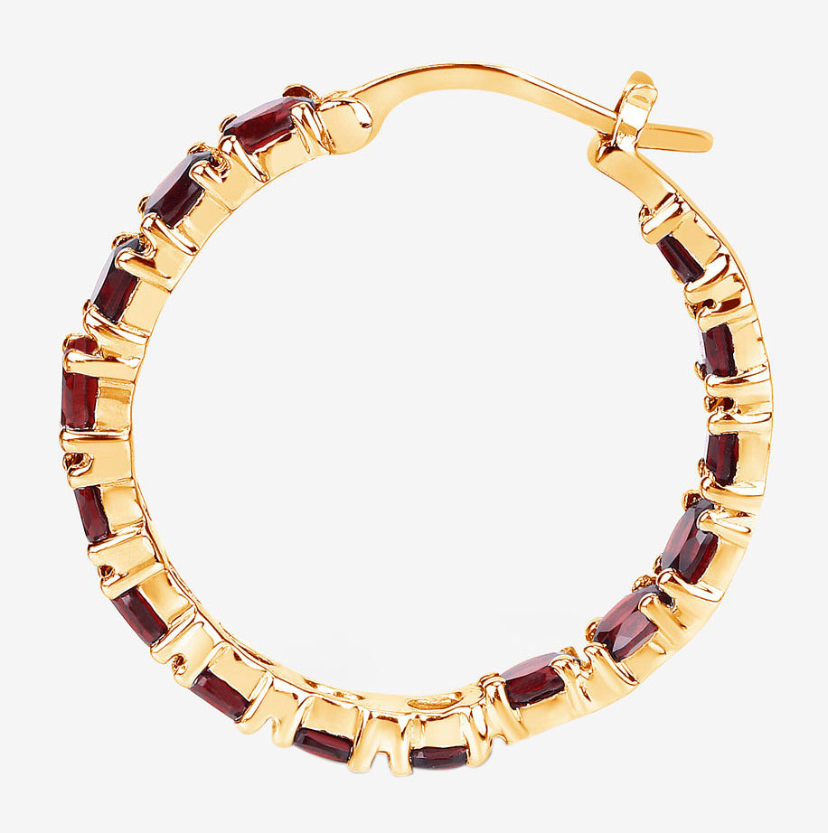 Garnet Hoop Earrings 6 Carats 14K Yellow Gold Plated Silver