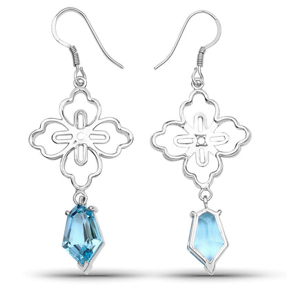 Swiss Blue Topaz Dangle Earrings 12.8 Carats Rhodium Plated Silver