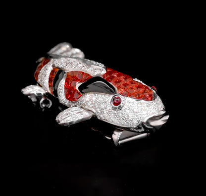 Koi Fish Brooch Sapphires Rubies Diamonds 3.99 Carats 18K White Gold