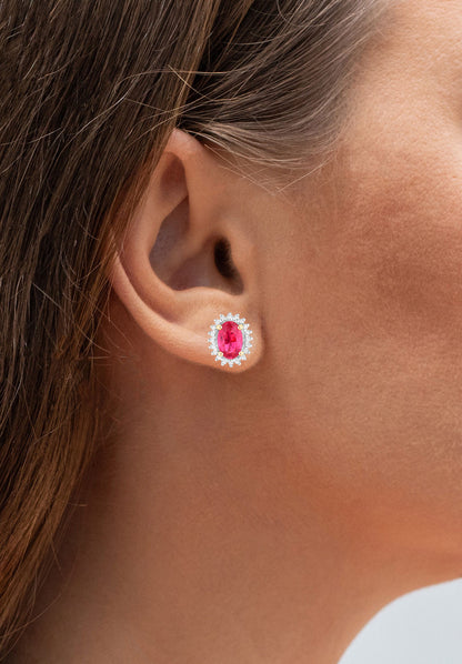 Ruby Halo Stud Earrings Diamonds 1.1 Carats 14K Yellow Gold