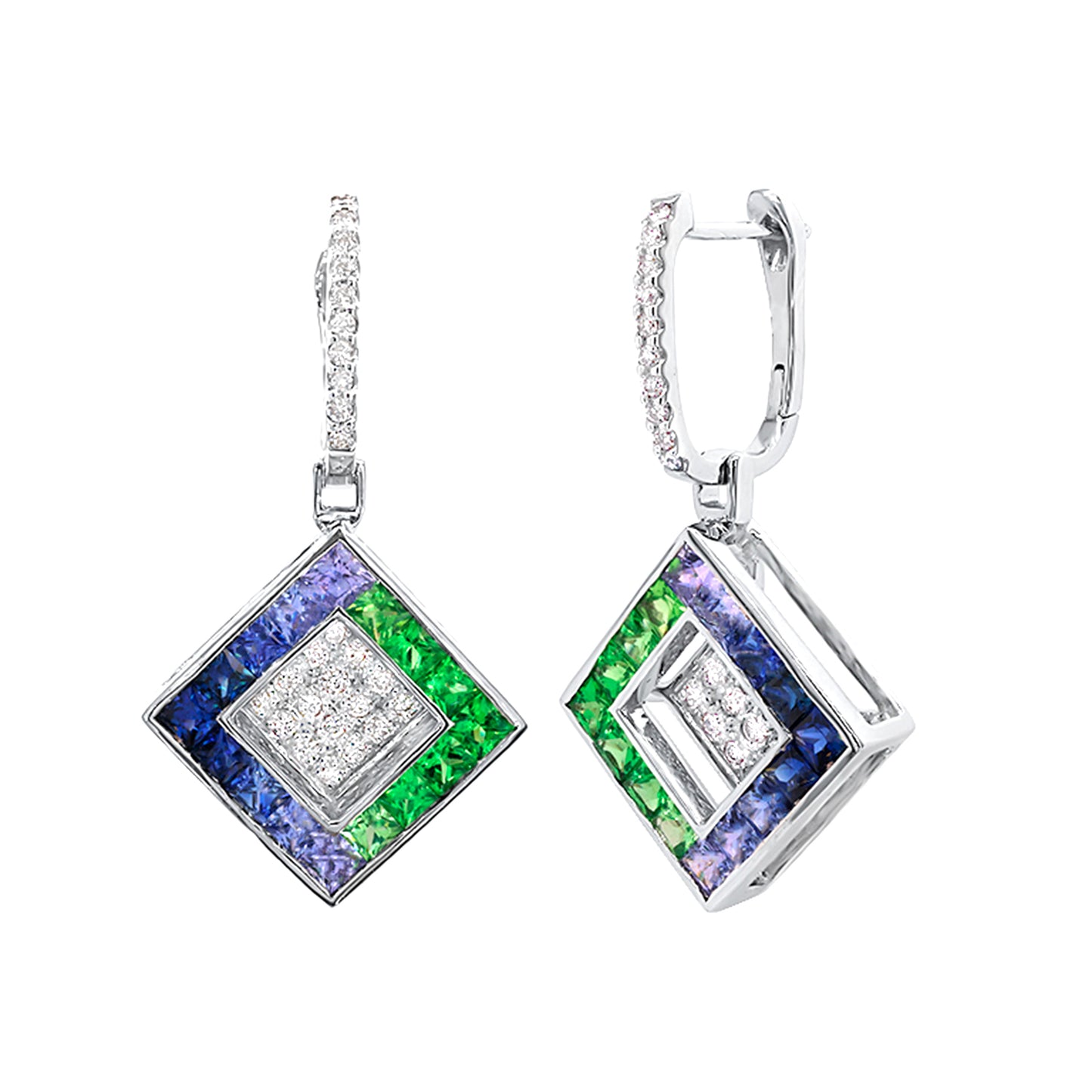 Sapphires and Tsavorites Dangle Earring Diamonds 4.27 Carats 18K White Gold