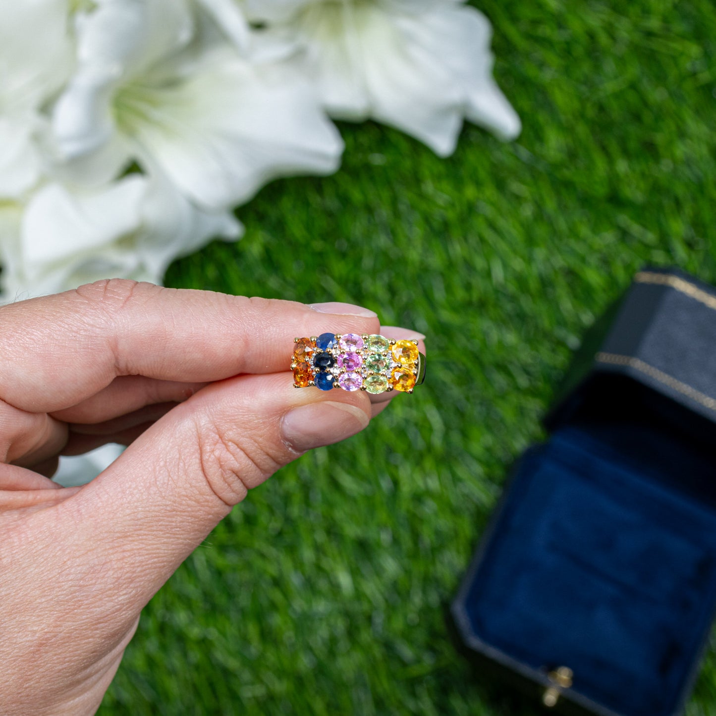 Multicolor Sapphire Cluster Ring Topaz 3.26 Carats 14K Yellow Gold Plated Silver