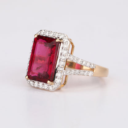 Natural Rubellite Ring With Diamonds 5.32 Carats 9K Yellow Gold