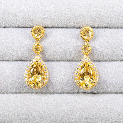 Citrine Dangle Earrings White Topazes 7.06 Carats 24K Yellow Gold Plated Silver