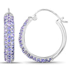 Tanzanite Hoop Earrings 3 Carats Rhodium Plated Silver