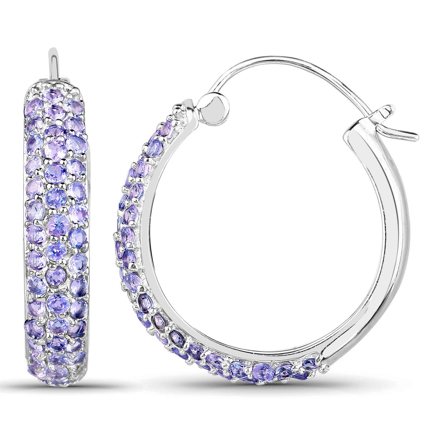 Tanzanite Hoop Earrings 3 Carats Rhodium Plated Silver