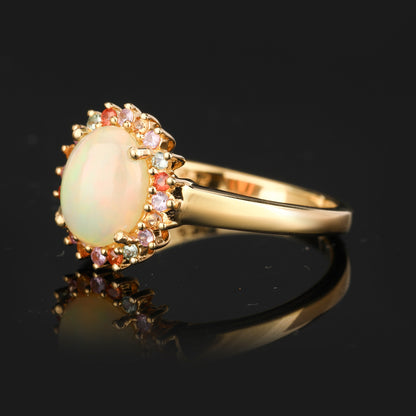 Opal Ring With Mixed Sapphire Halo 2.25 Carats Gold Plated Silver