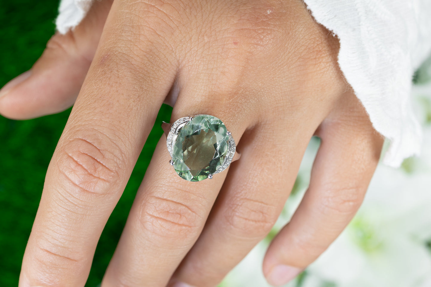 Green Amethyst Ring White Topaz 7.95 Carats Sterling Silver