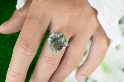 Green Amethyst Ring White Topaz 7.95 Carats Sterling Silver