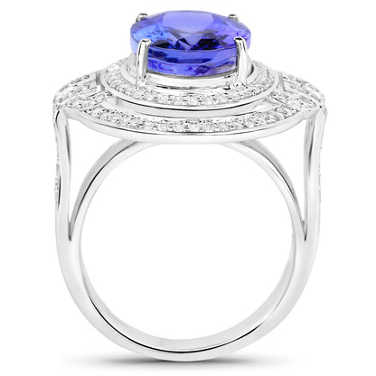 Natural Tanzanite Ring With Diamonds 6.80 Carats 14K White Gold
