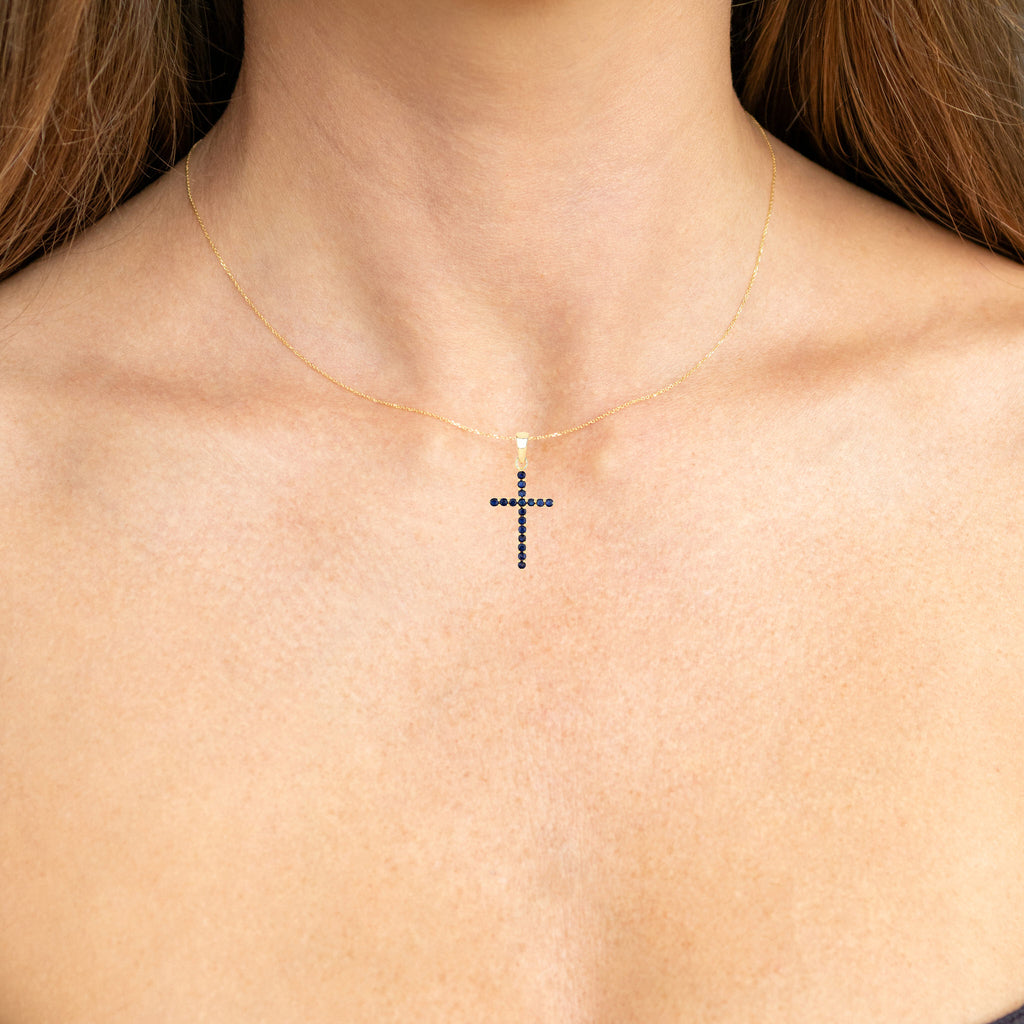 Natural Blue Sapphire Cross Pendant 0.58 Carats 14K Yellow Gold