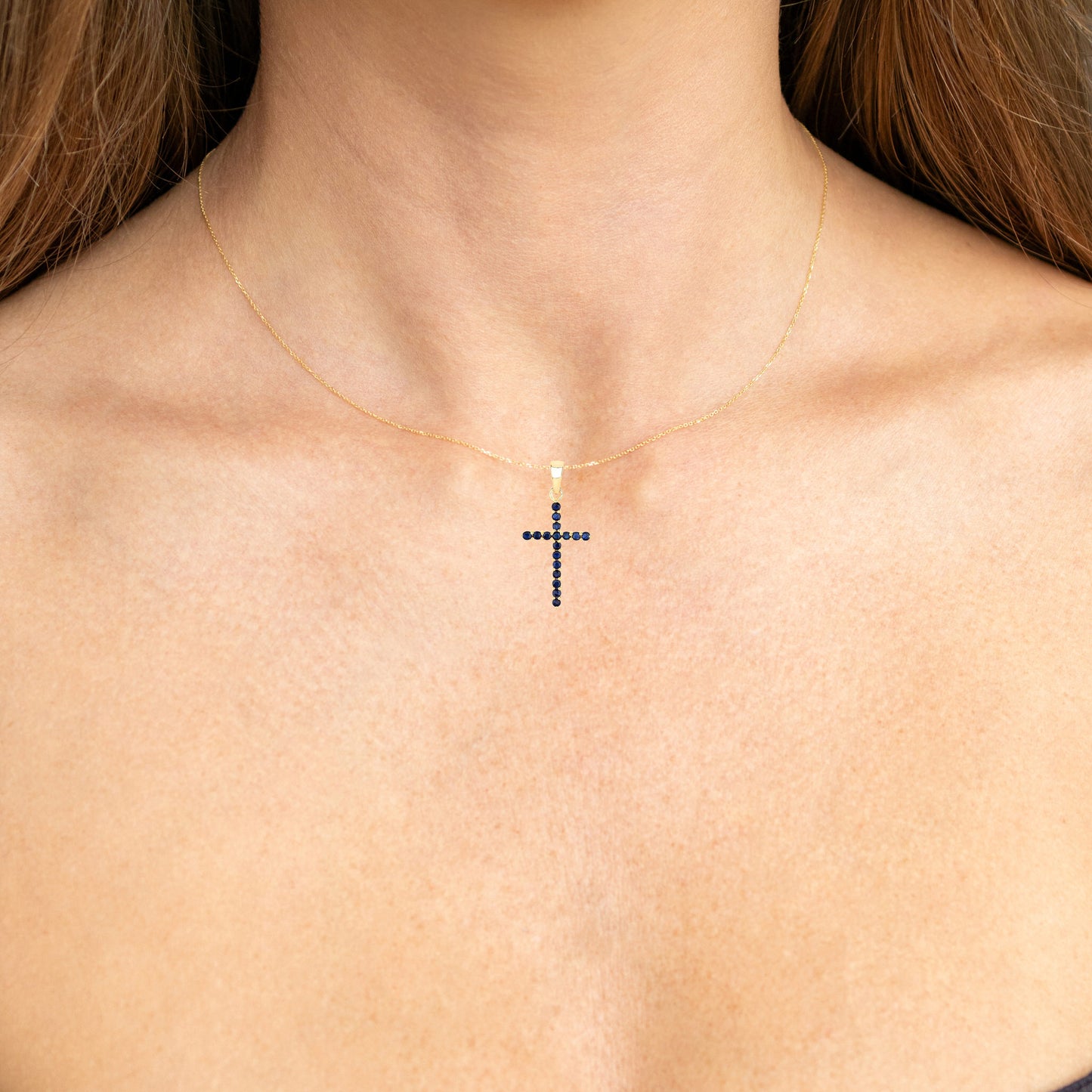 Natural Blue Sapphire Cross Pendant 0.58 Carats 14K Yellow Gold