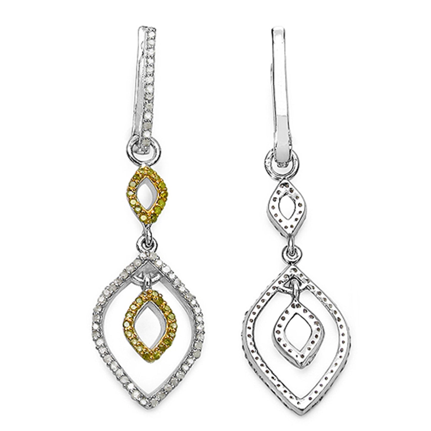 Dangle Earrings With White and Yellow Diamonds 0.88 Carats Sterling Silver