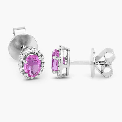 Natural Pink Sapphire Stud Earrings With Diamonds 1.46 Carats 14K White Gold